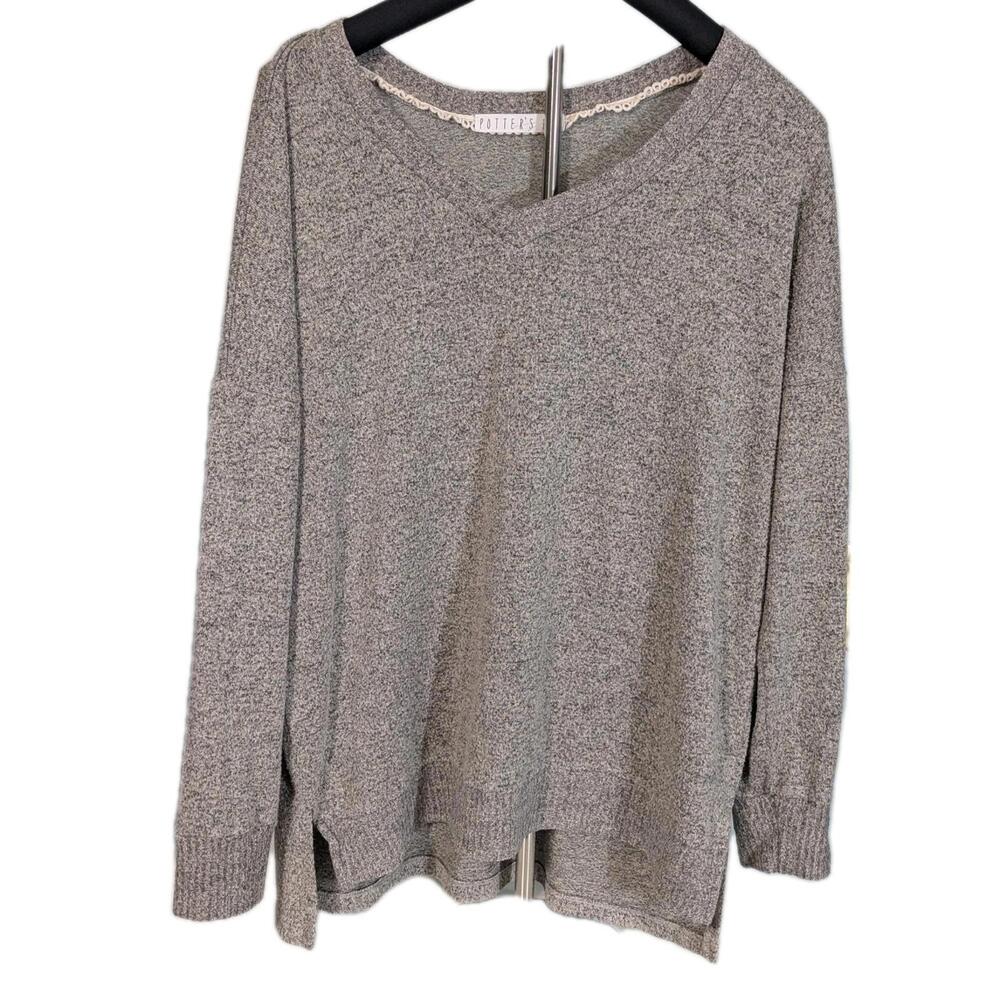 Potter's Pot Gray Heather And Black Ladder‎ V Neck Back Top Size M Medium
